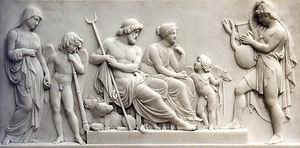 Орфей, играющий для Аида и Персефоны, слева - Эвридика и Эрот. Барельеф