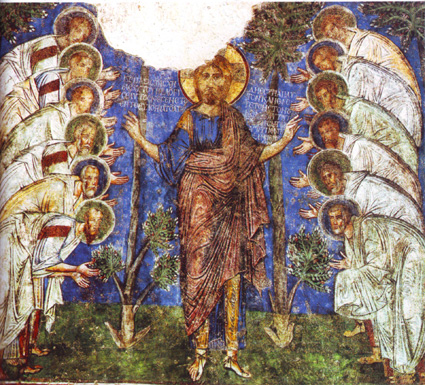 Иисус Христос и 12 апостолов. Фреска XII века, Каппадокия
