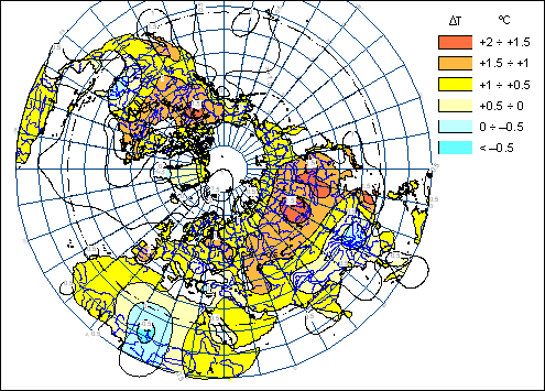 Изменение среднегодовых температур Северного полушария (1986-2005) по сравнению с (1911-1930)
