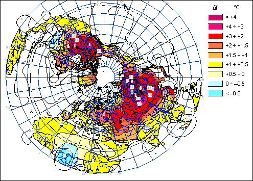 Изменение средних зимних температур Северного полушария (1986-2005) по сравнению с (1911-1930)