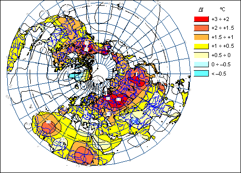 Изменение средних весенних температур Северного полушария (1986-2005) по сравнению с (1911-1930)