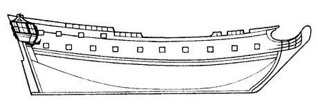 Схема бокового вида 32-пушечного фрегата “Россия” (заложен 20 декабря 1724 г., строитель Р. Броун) 