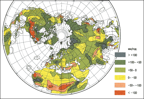 Отклонения среднегодовых сумм осадков (мм/год) в эпоху современного потепления (1980–1999 гг.) по сравнению с периодом (1911–1930 гг.)